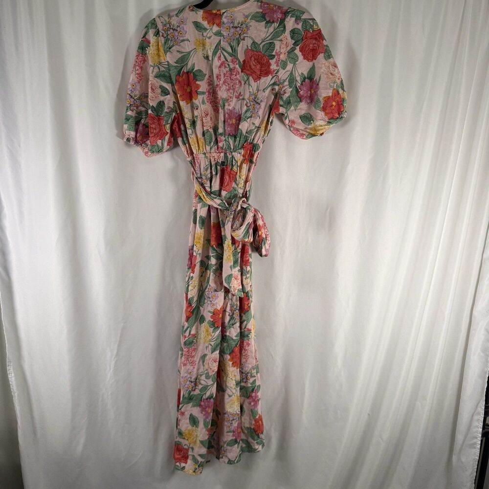 Old Navy Linen Blend Maxi Dress Women's Small Pink Floral Wrap Top Puff Sleeve - Picture 9 of 9